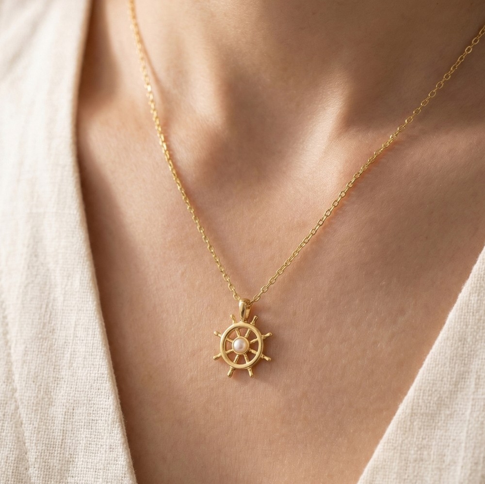 Gold Dipped Opal Stud Ship Wheel Pendant Necklace