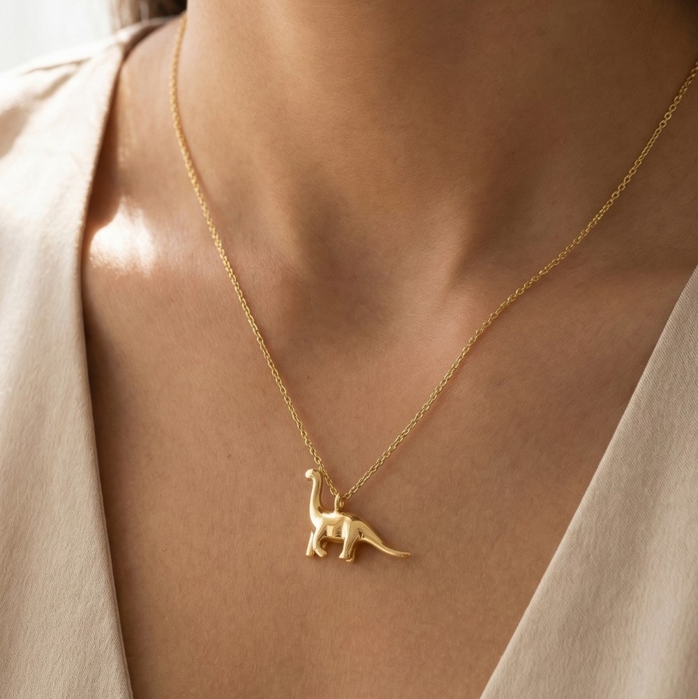 Gold Dipped Brachiosaurus Dinosaur Pendant Necklace