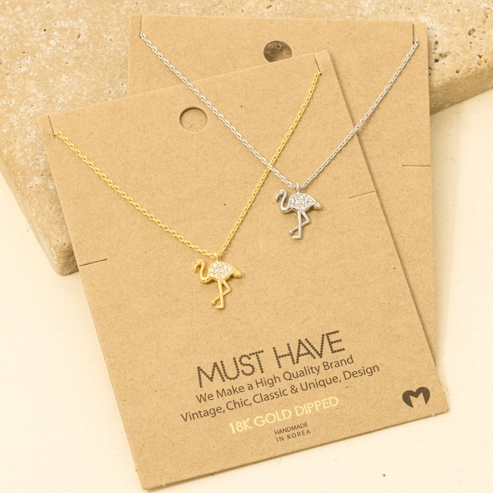 Gold Dipped Cz Pave Flamingo Pendant Necklace
