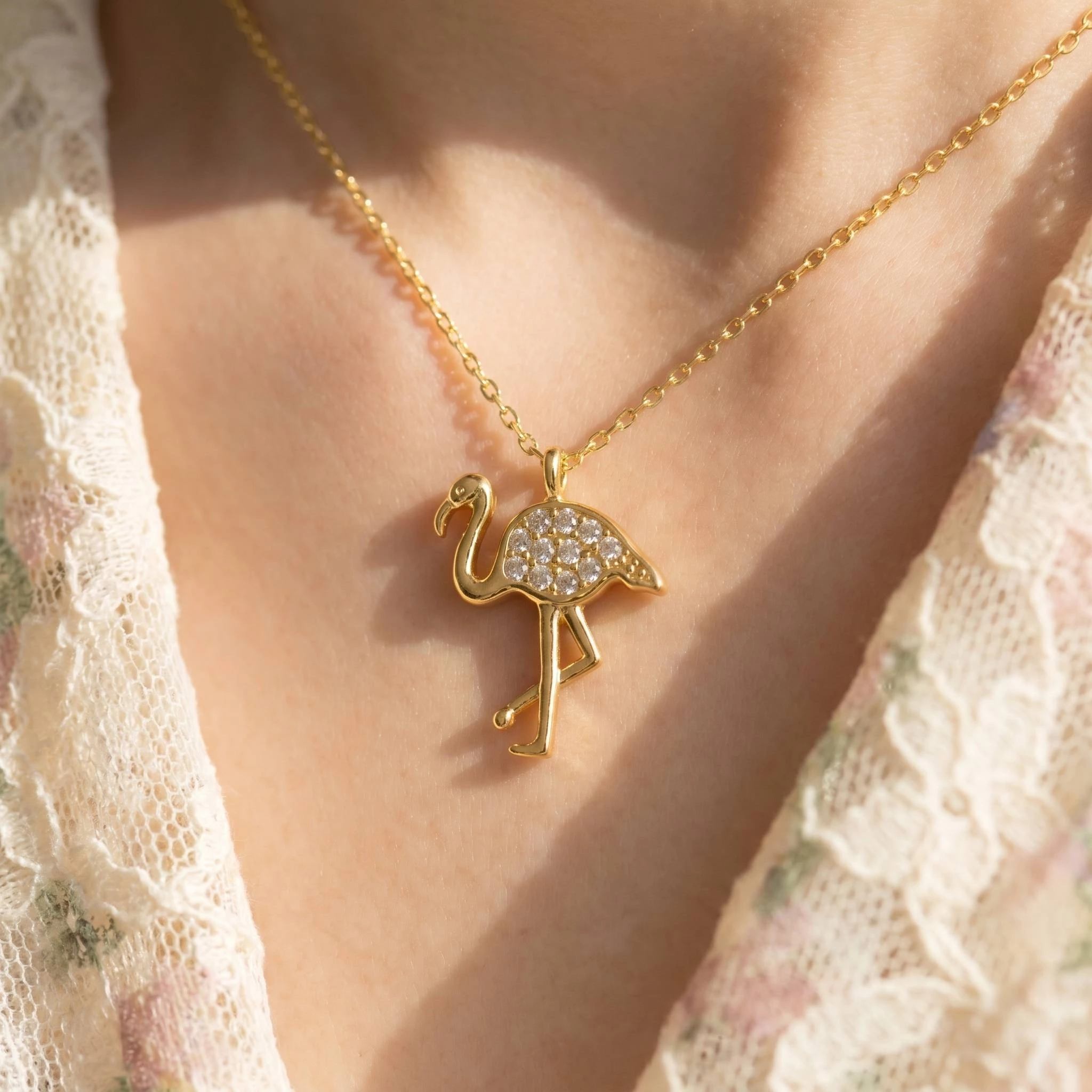 Gold Dipped Cz Pave Flamingo Pendant Necklace