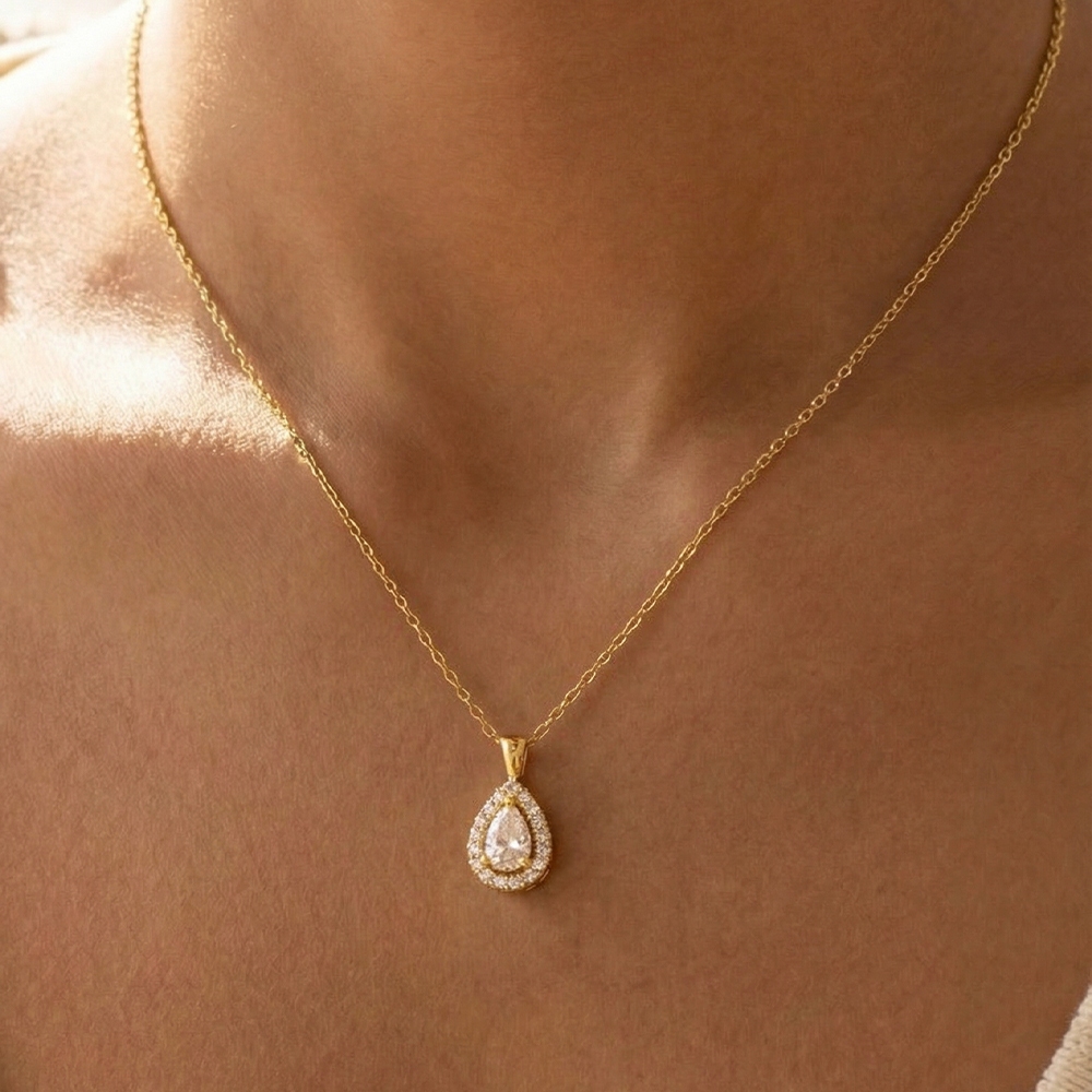 Gold Dipped Cz Halo Tear Pendant Necklace