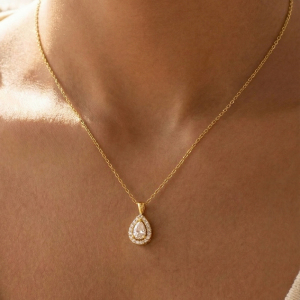 Gold Dipped Cz Halo Tear Pendant Necklace