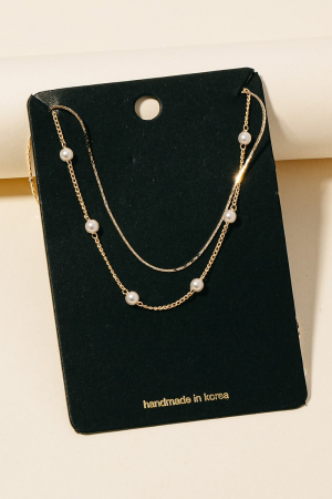 Pearl Station Bead Charms Layered Chain Necklace