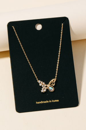 Rhinestone And Iridescent Studded Butterfly Pendant Necklace