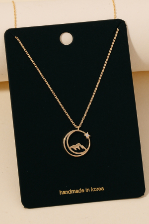 Enamel Moon Mountain And Cz Star Pendant Necklace