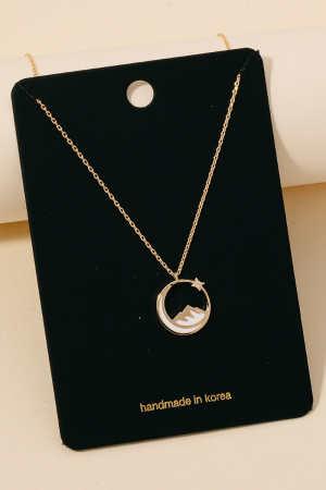 Enamel Moon Mountain And Cz Star Pendant Necklace