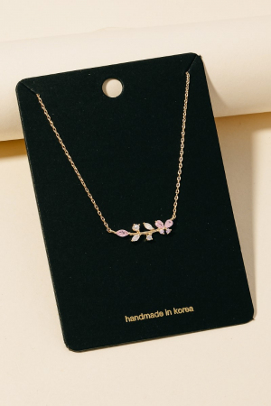 Cz Leaf Branch Bar Pendant Necklace