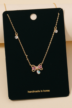 Cz Ribbon Bow Pendant Chain Necklace