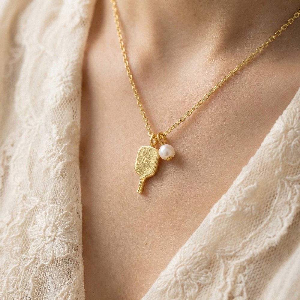 Gold Dipped Pearl Pickle Ball Pendant Necklace