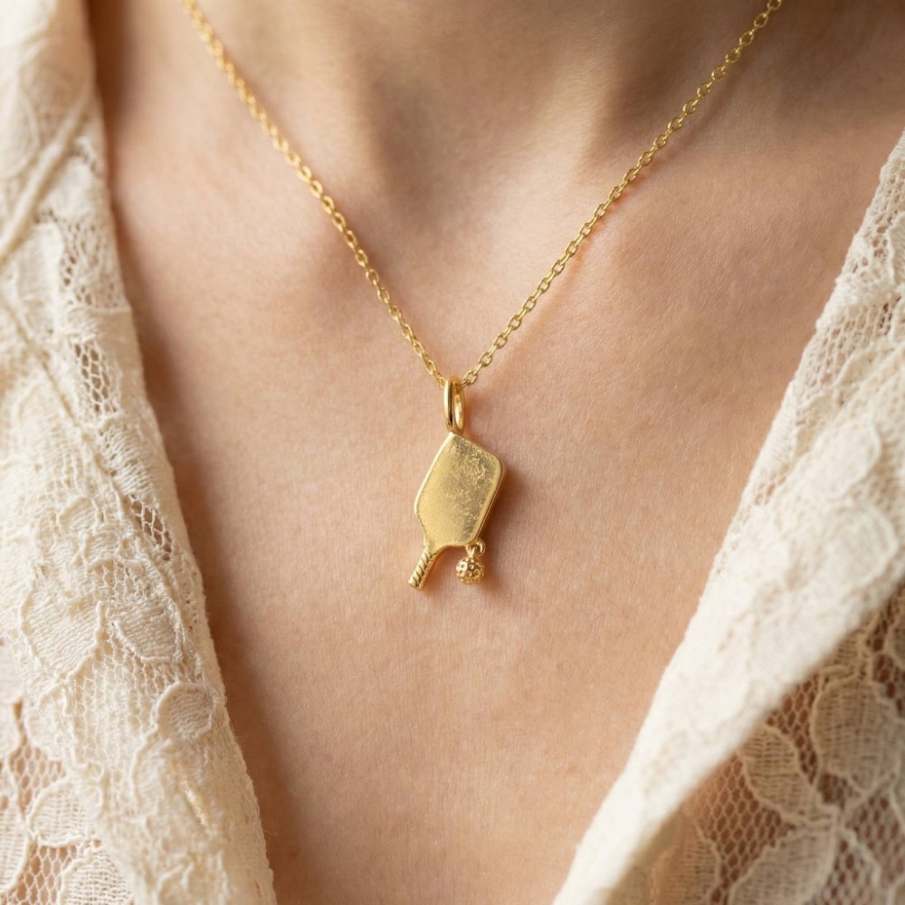 Gold Dipped Pickle Ball Pendant Necklace