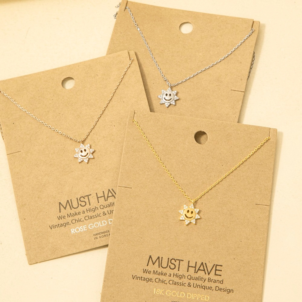 Gold Dipped Pave Cz Smiley Sun Pendant Necklace