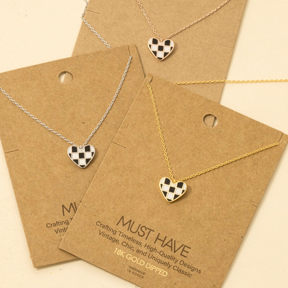 Gold Dipped Epoxy Checkered Heart Pendant Necklace