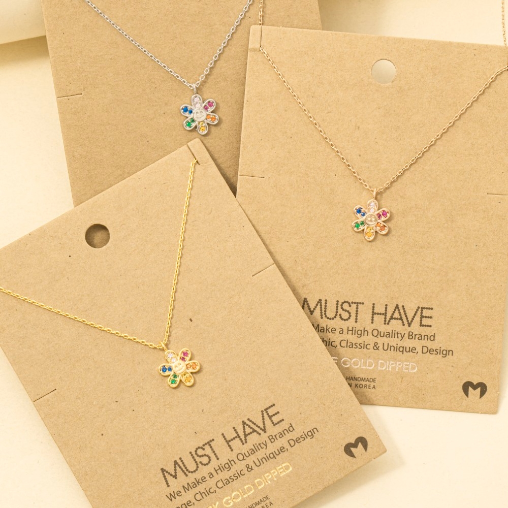 Gold Dipped Rainbow Cz Smiley Face Flower Pendant Necklace