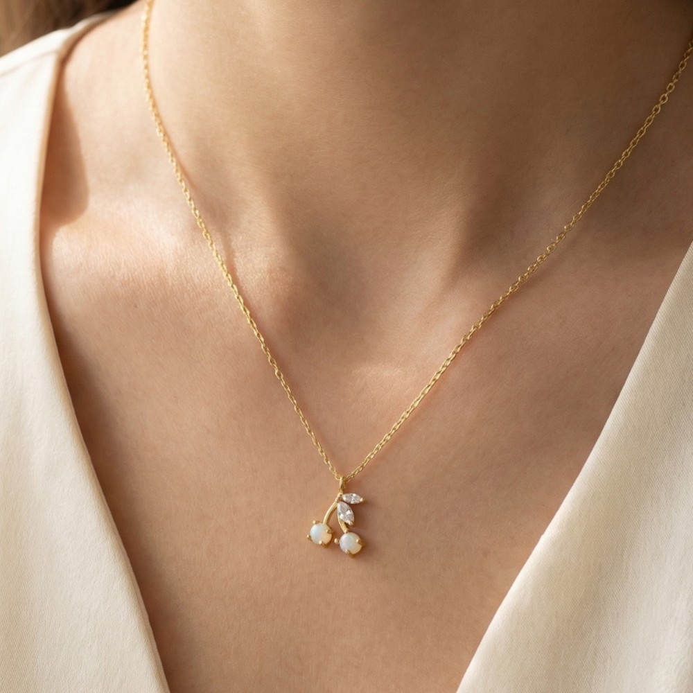 Gold Dipped Opal And Cz Cherry Pendant Necklace