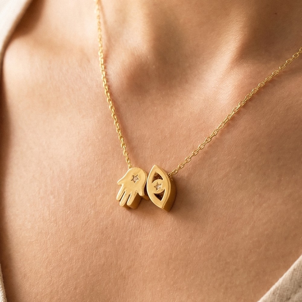 Gold Dipped Hamsa Hand Evil Eye Pendant Necklace