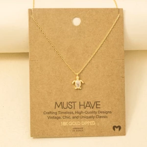 Gold Dipped Cz Turtle Pendant Necklace