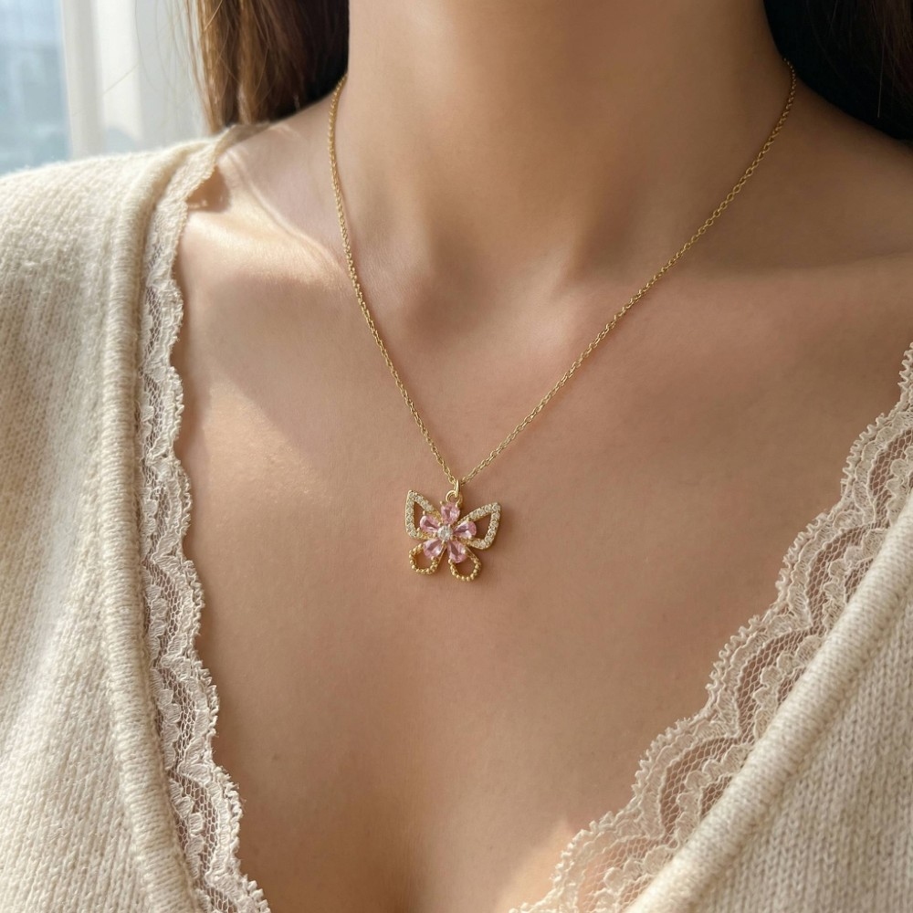 Floral Butterfly Pendant Necklace