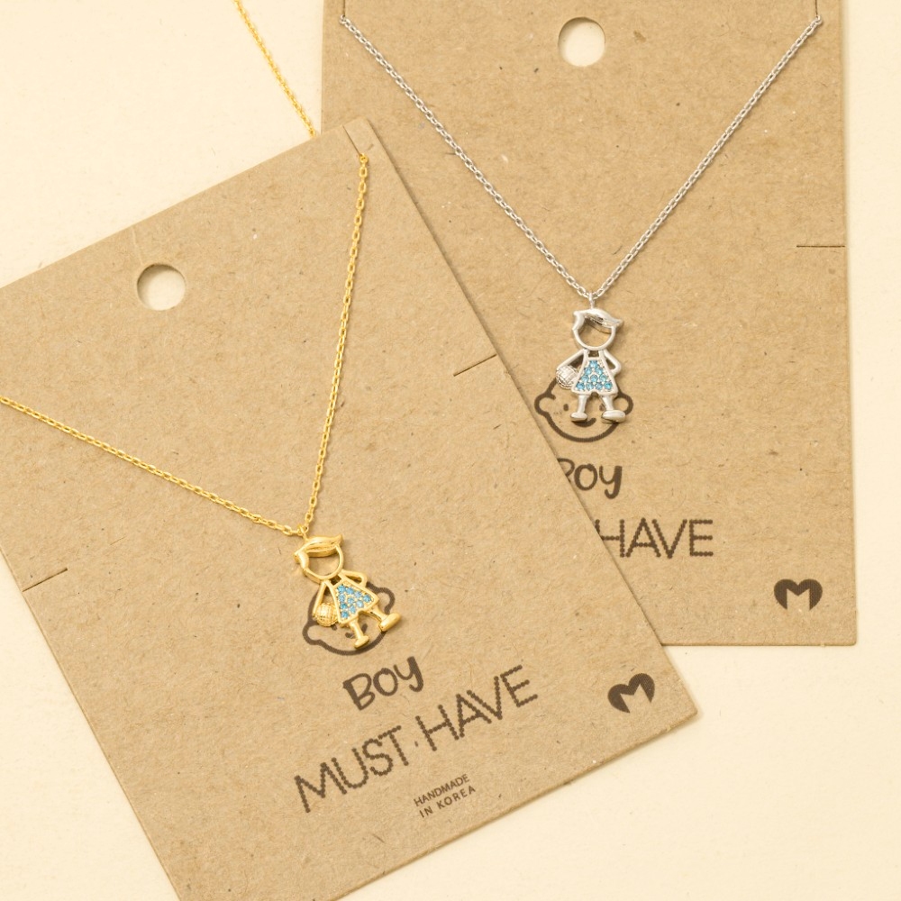 Gold Dipped Cz Studded Boy Figure Pendant Necklace