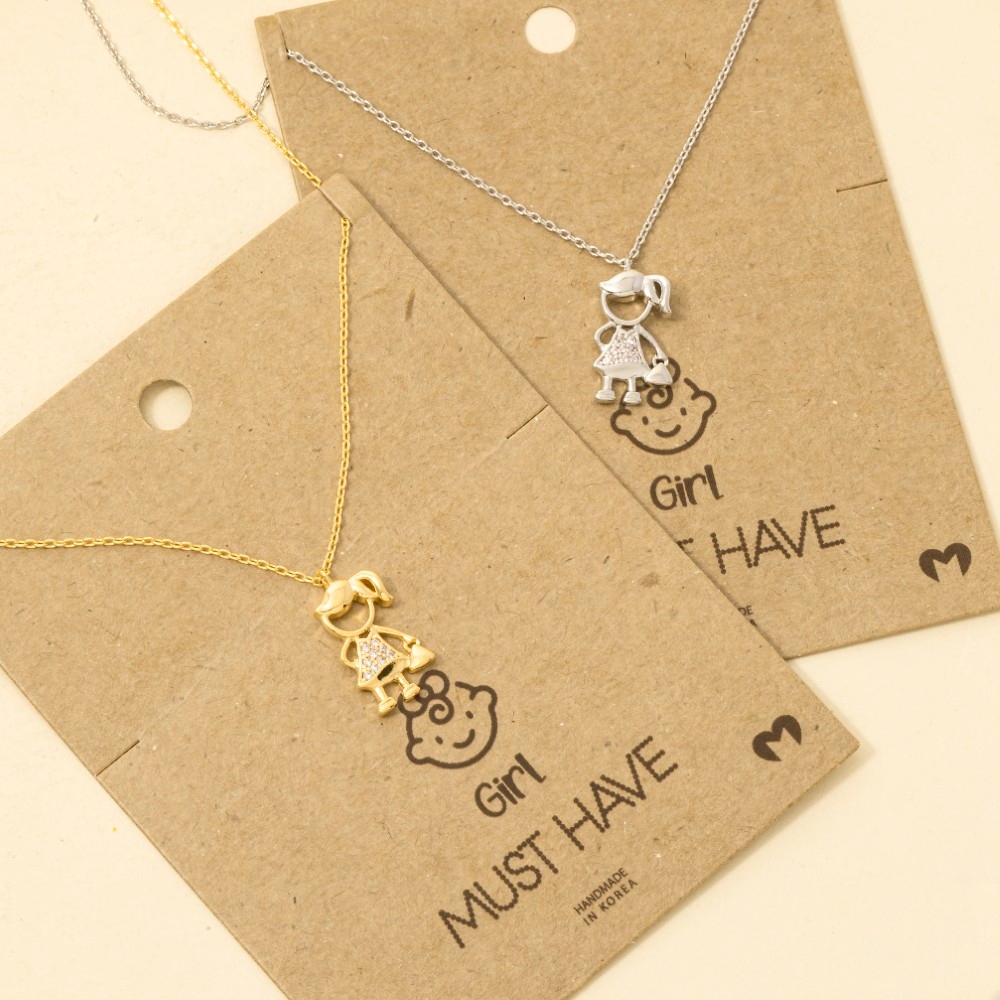 Gold Dipped Cz Studded Girl Figure Pendant Necklace