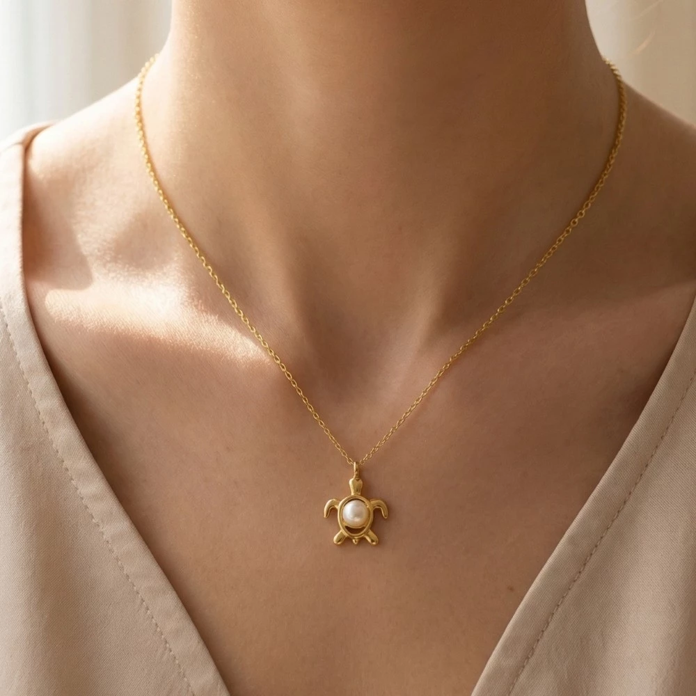 Gold Dipped Pearl Turtle Pendant Necklace