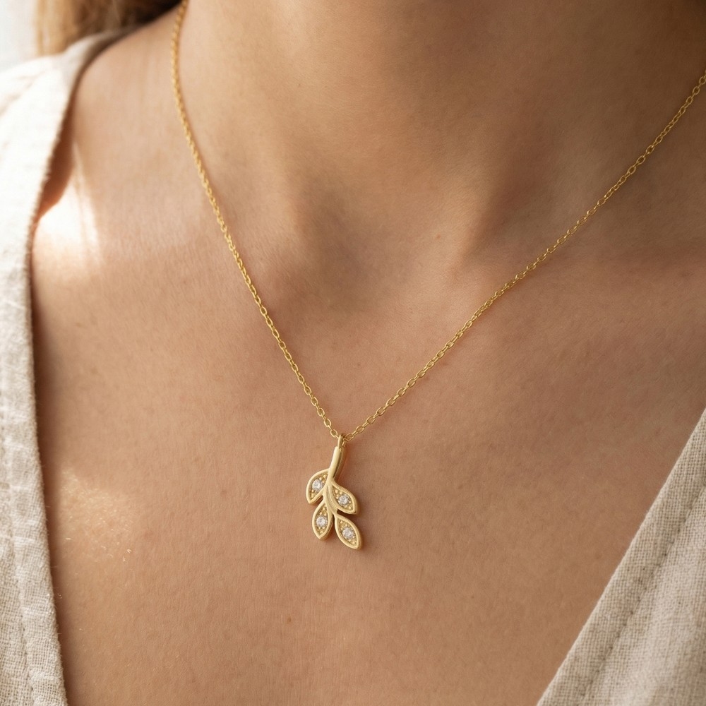 Gold Dipped Cz Leaves Pendant Necklace