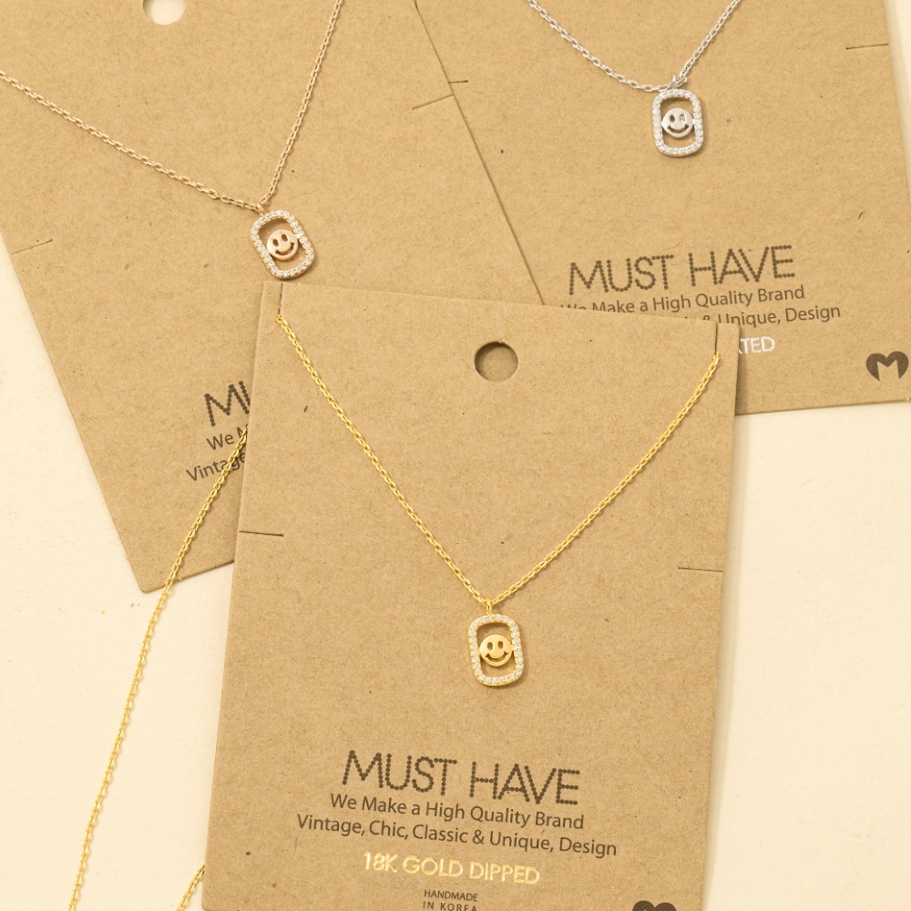 Gold Dipped Cz Halo Set Smiley Face Pendant Necklace