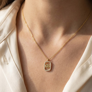 Gold Dipped Cz Halo Set Smiley Face Pendant Necklace