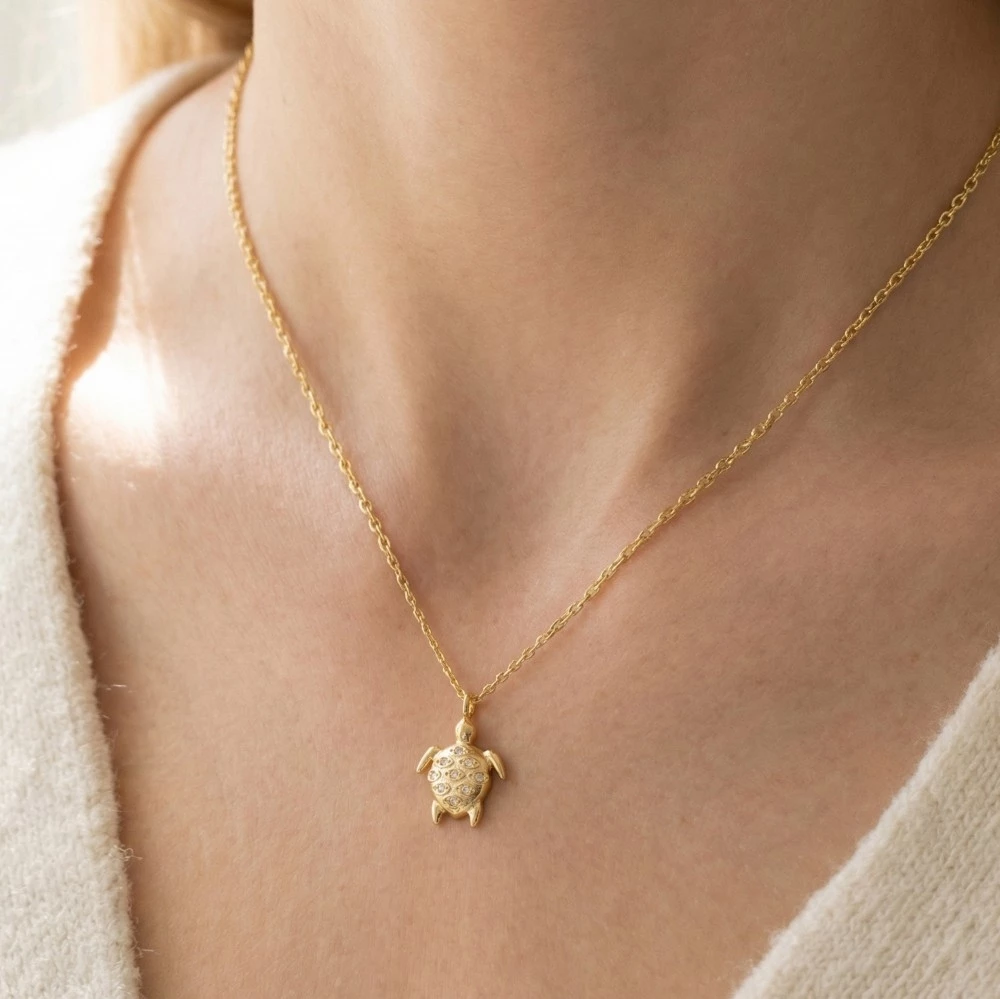 Gold Dipped Cz Studded Turtle Pendant Necklace