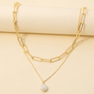 Pearl Coin Pendant Layered Chains Necklace