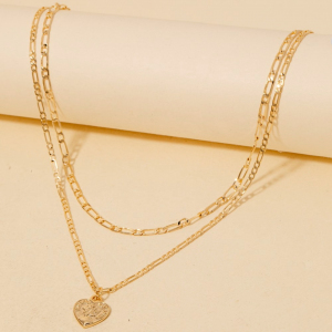 Intricate Rose Heart Pendant Layered Chains Necklace
