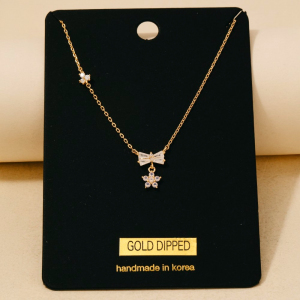 Gold Dipped Cz Bow Tie And Flower Pendant Necklace
