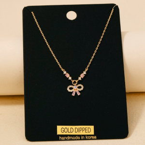 Gold Dipped Cz Ribbon Bow Tie Pendant Necklace