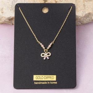 Gold Dipped Pave Cz Bow Pendant Necklace