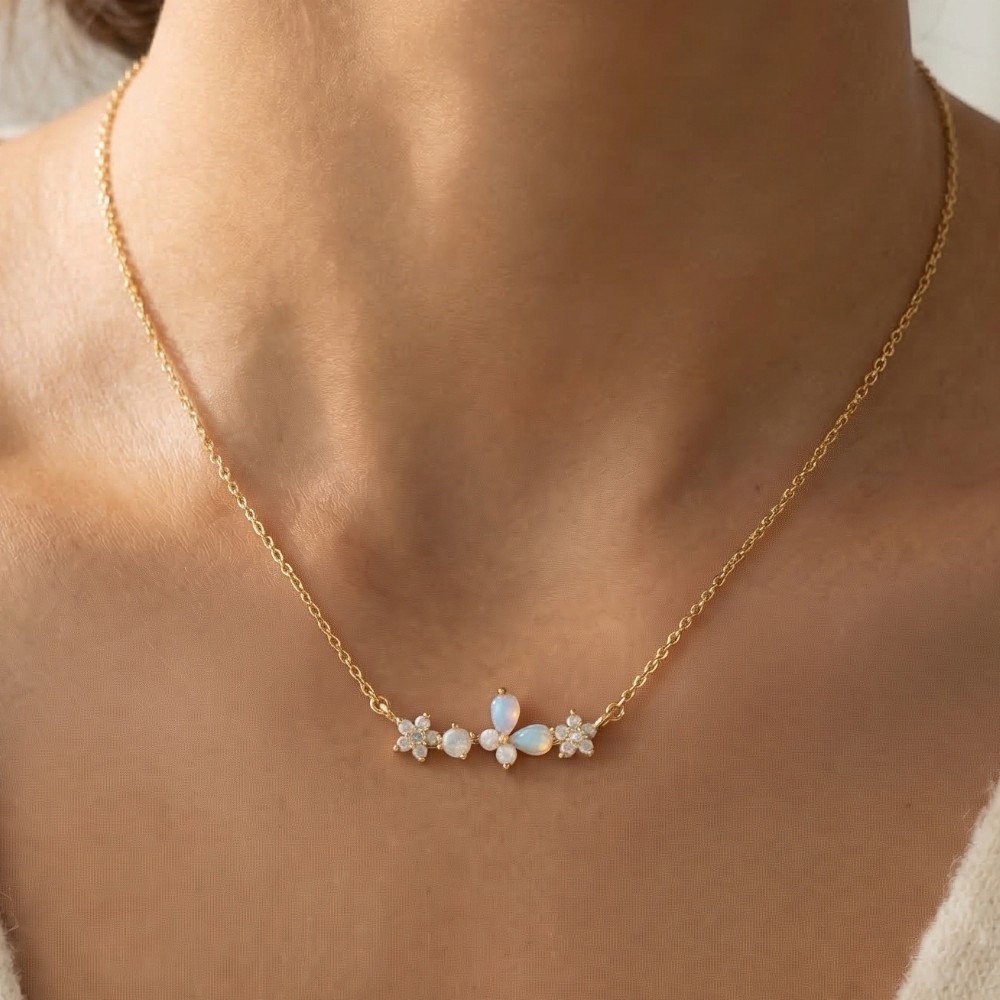 Gold Dipped Cz Floral Butterfly Bar Pendant Necklace