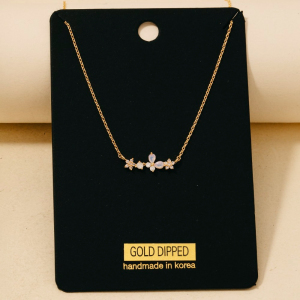 Gold Dipped Cz Floral Butterfly Bar Pendant Necklace