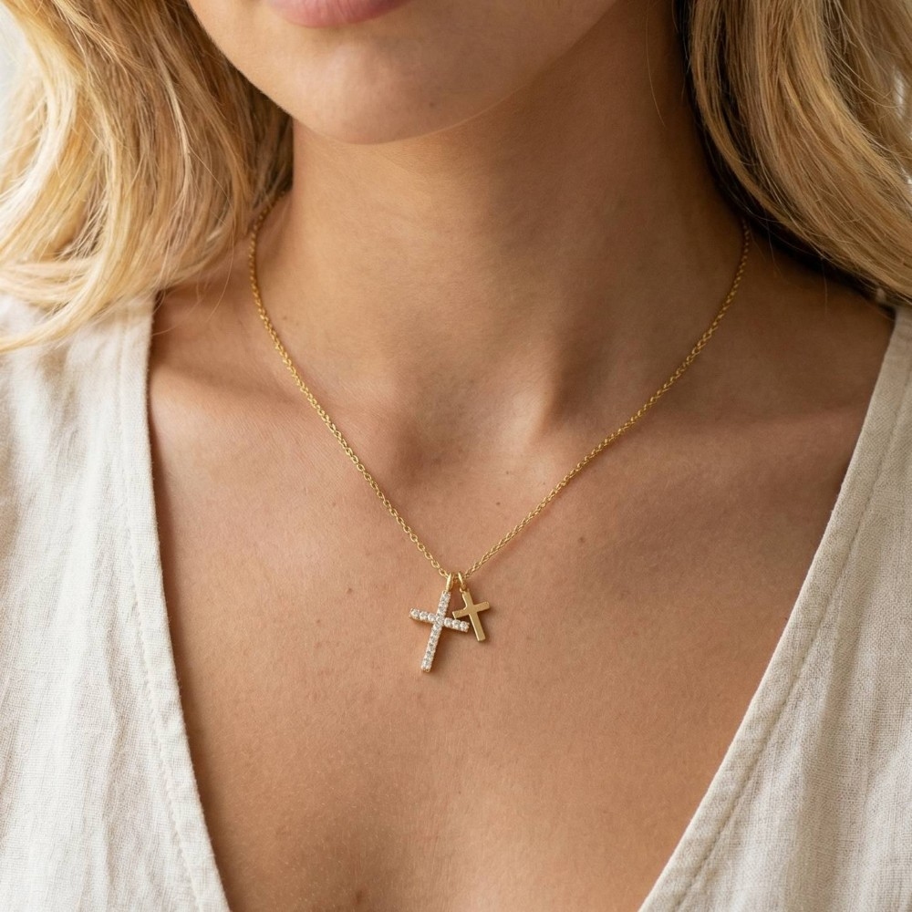 Cz Pave Double Cross Pendant Necklace