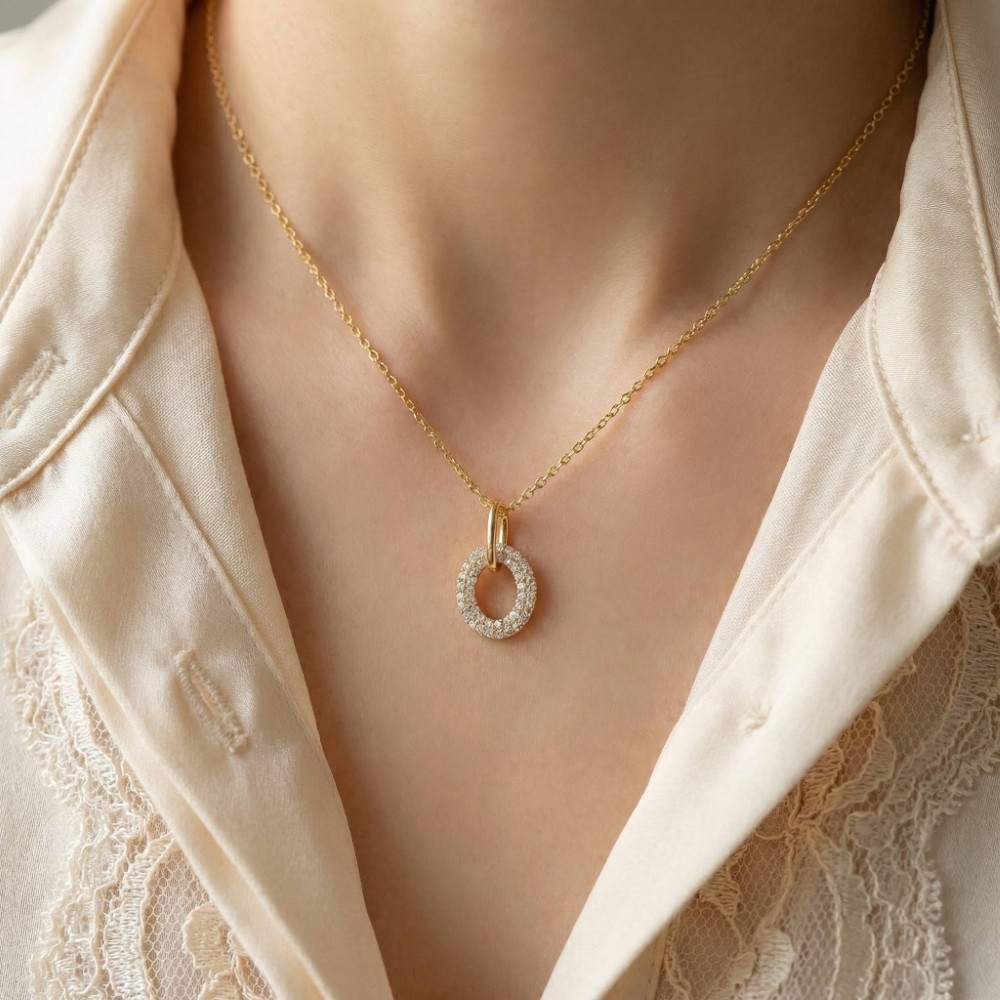 Pave Oval Pendant Dainty Chain Necklace