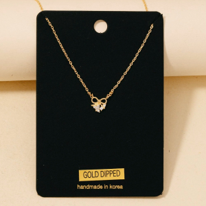 Gold Dipped Cz Studded Bow Pendant Necklace