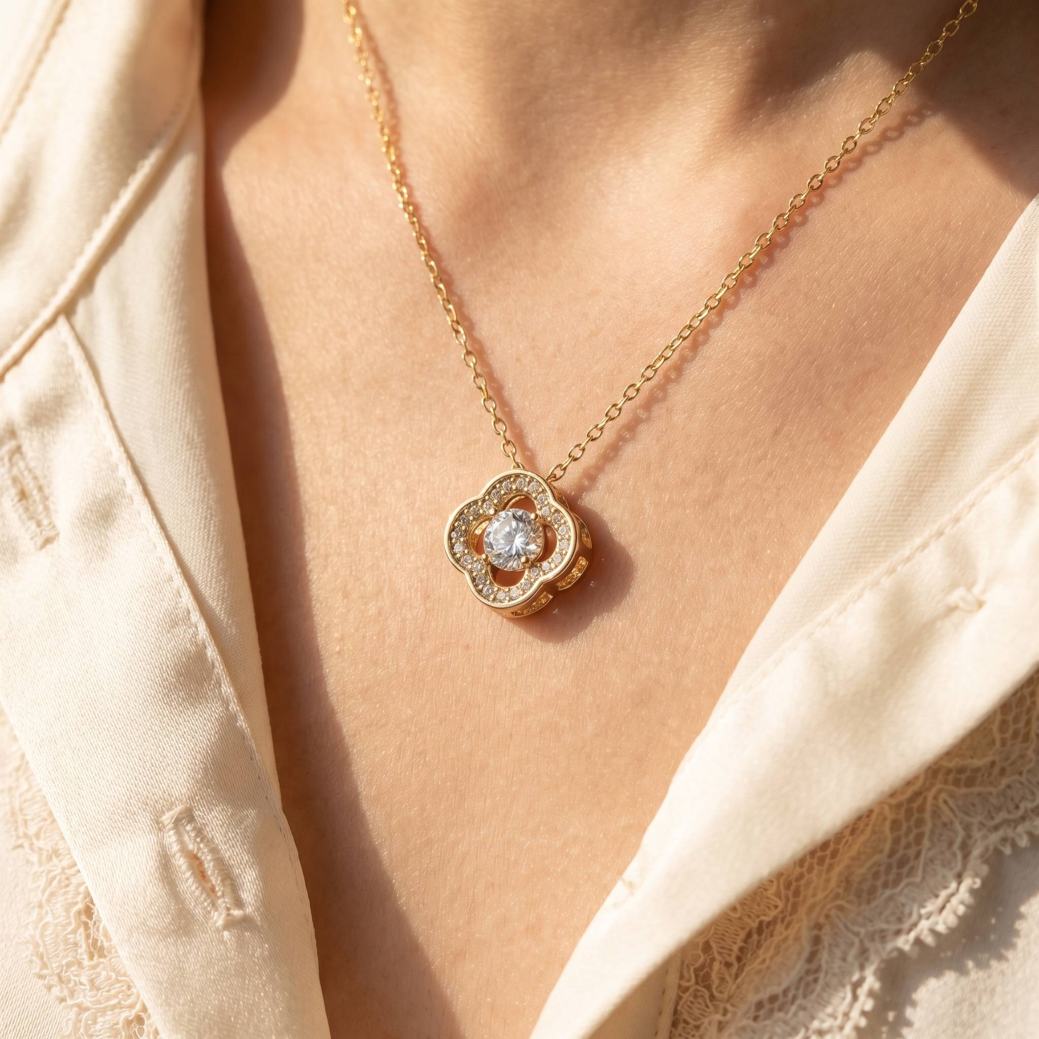 Gold Dipped Halo Set Cz Clover Pendant Necklace