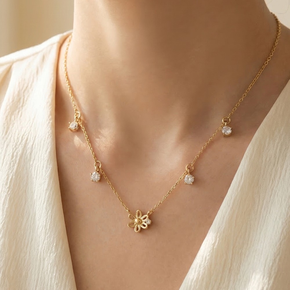 Gold Dipped Cz And Flower Station Charms Chain Necklace