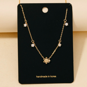 Gold Dipped Cz And Flower Station Charms Chain Necklace