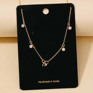 Gold Dipped Cz And Bow Station Charms Chain Necklace