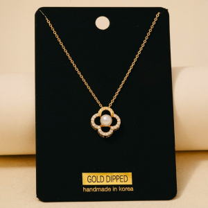 Gold Dipped Cz Set Pearl Clover Pendant Necklace