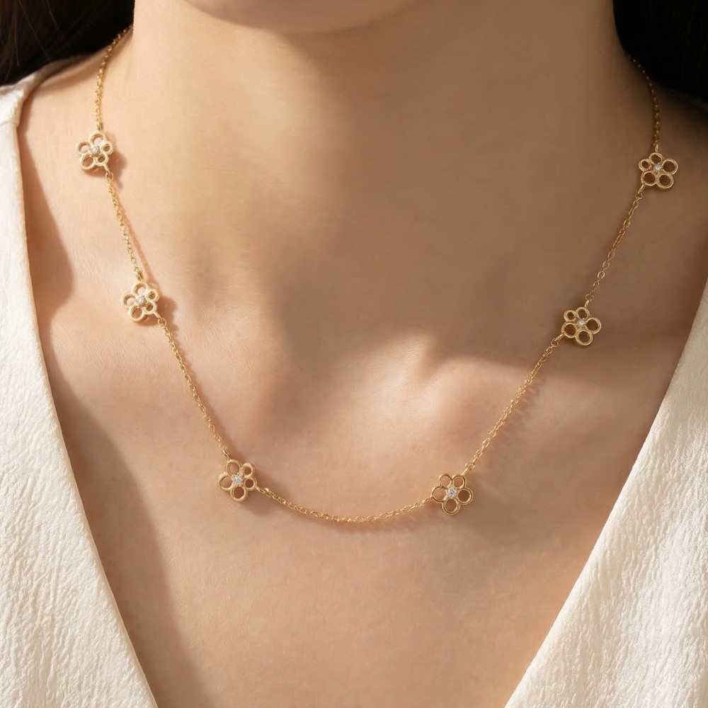 Gold Dipped Cz Flower Station Charms Chain Necklace