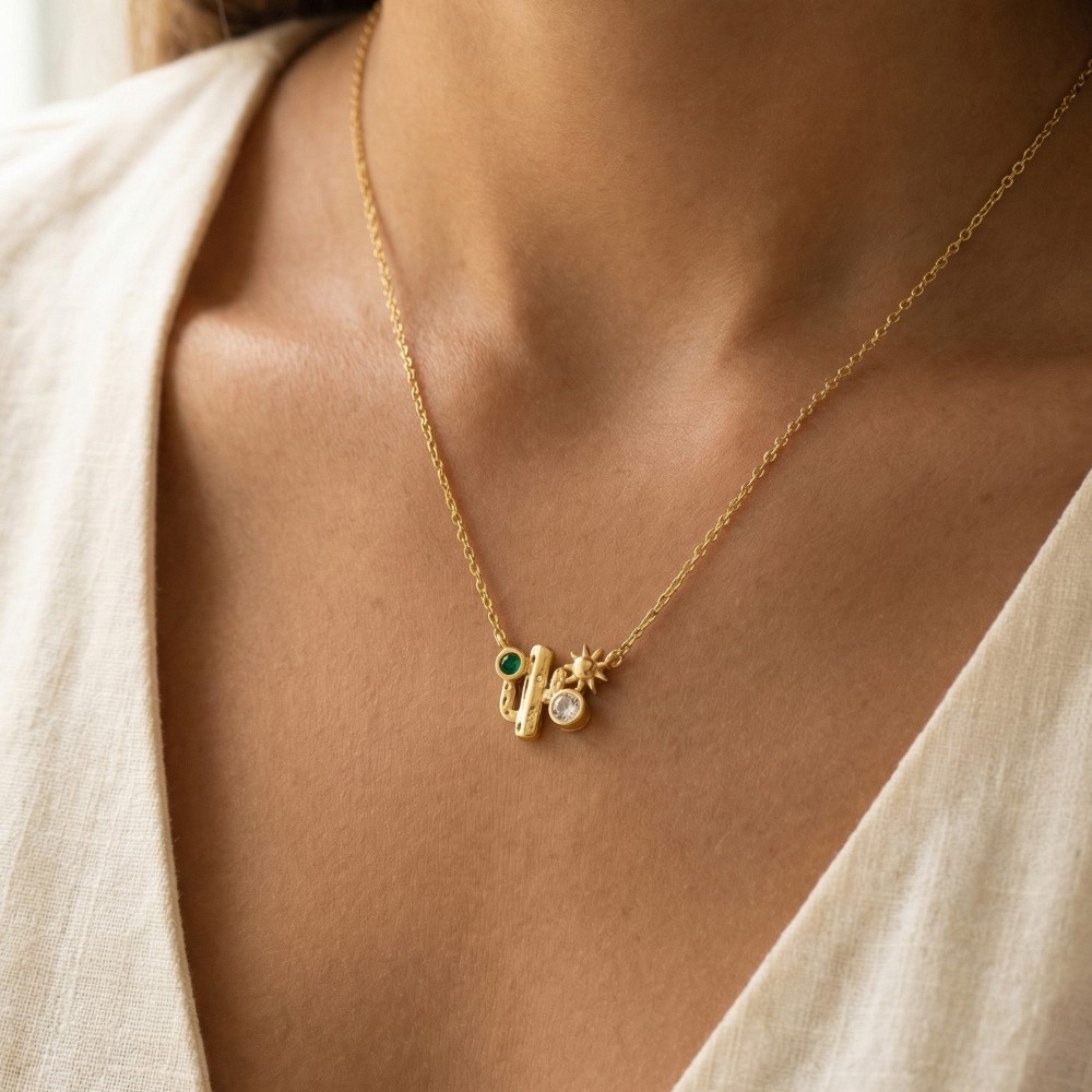 Gold Dipped Cz Cactus Western Pendant Necklace
