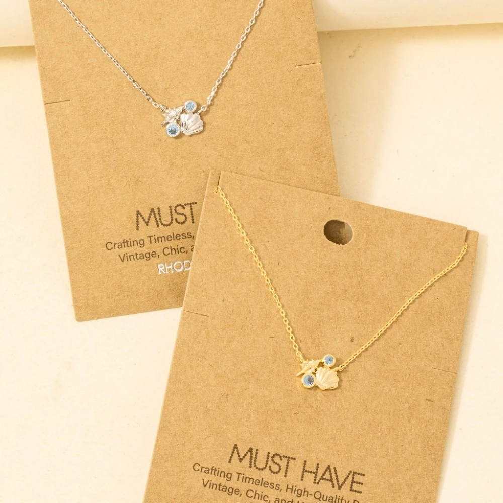 Gold Dipped Sea Shells And Cz Pendant Chain Necklace
