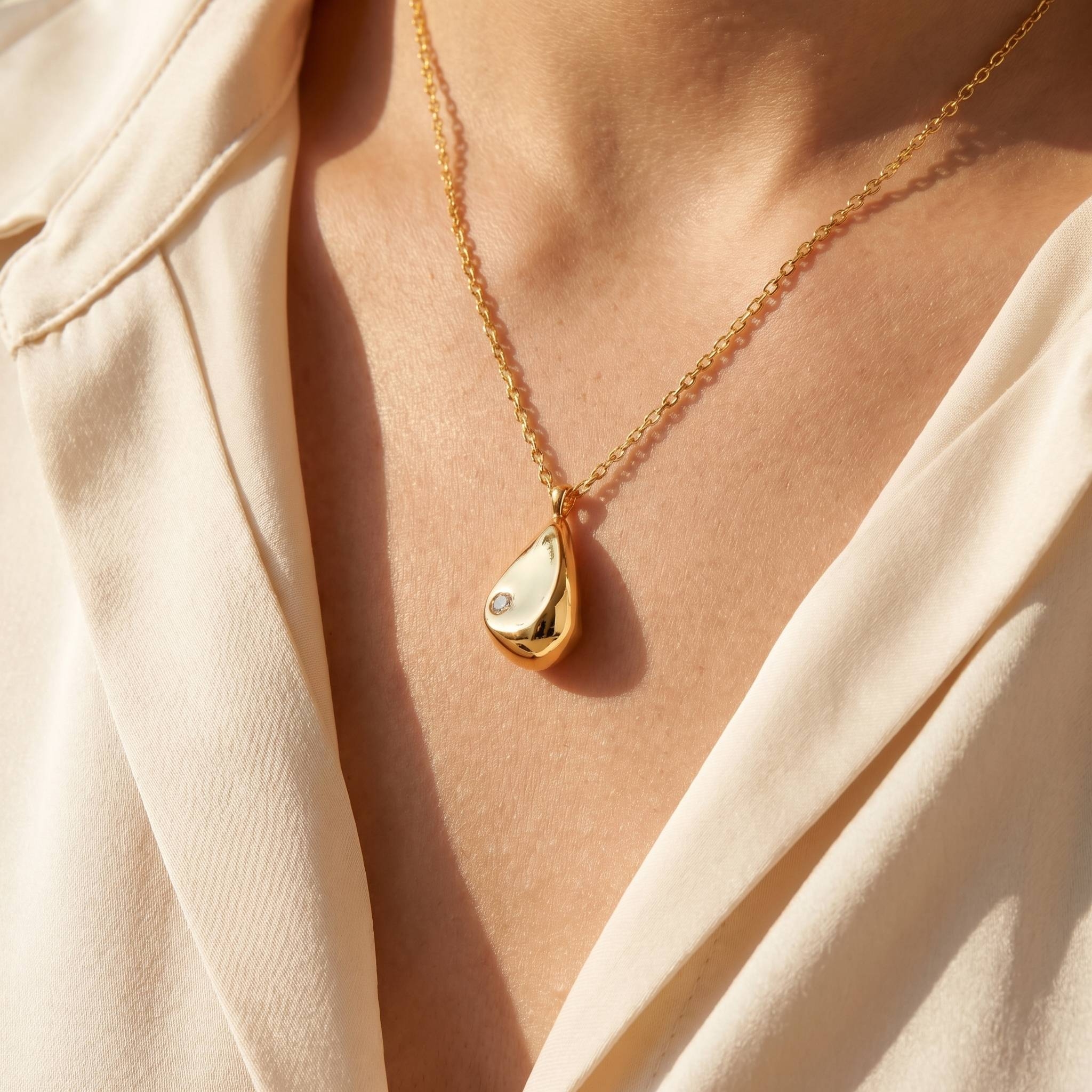 Gold Dipped Cz Stud Teardrop Pendant Necklace