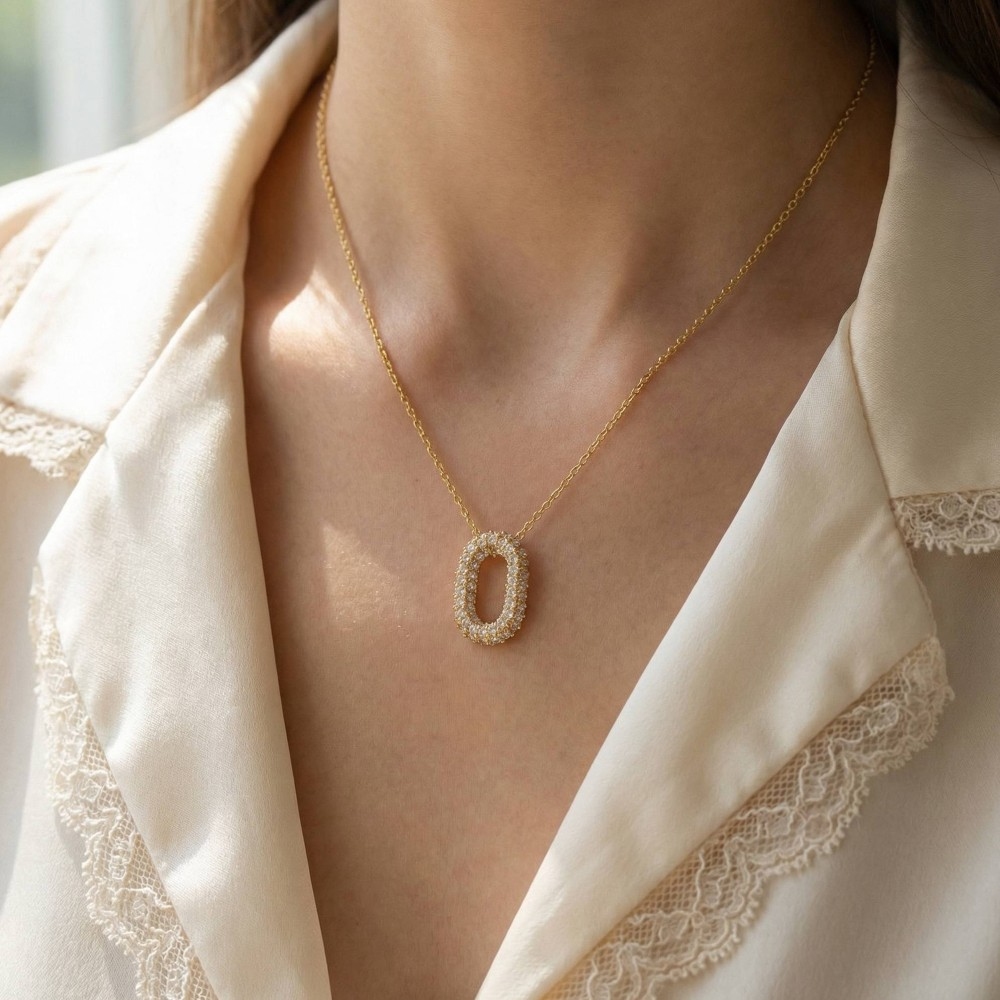 Gold Dipped Cz Pave Oval Pendant Necklace