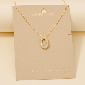 Gold Dipped Cz Pave Oval Pendant Necklace