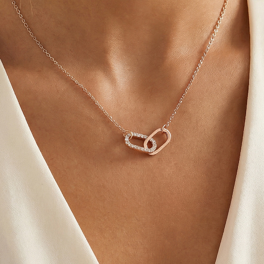 Gold Dipped Cz Pave Oval Link Pendant Necklace